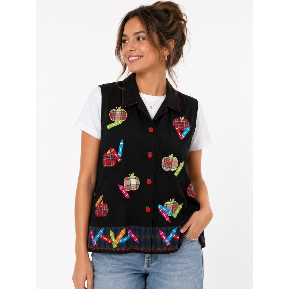 Vintage 90s Teacher Vest XL Apple Crayon Novelty Black Plaid Art Teacher School